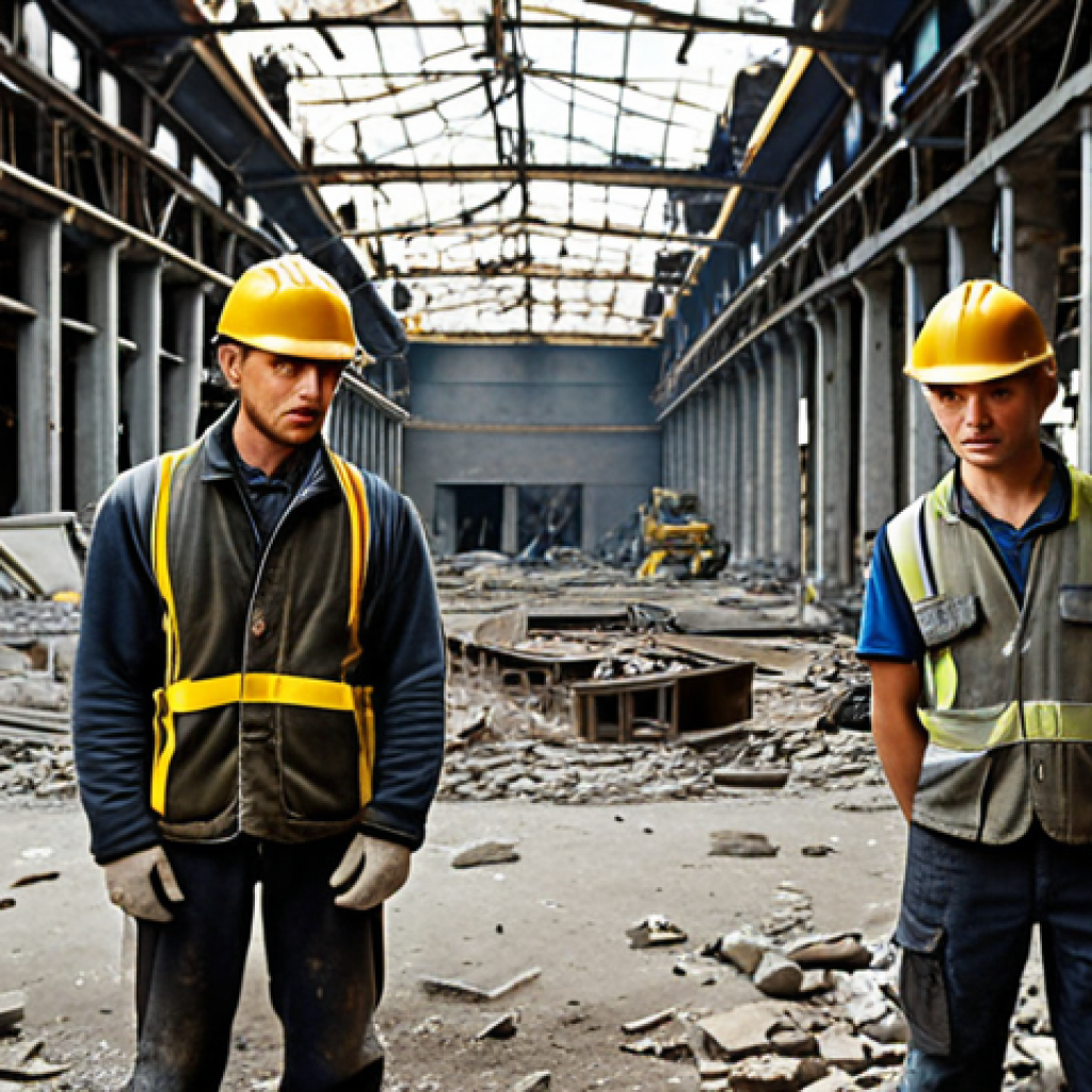 **

> War-torn Ukrainian factory. Debris and damage, but signs of rebuilding. Construction workers (some wearing hardhats) beginning repairs. A sense of resilience and determination. Focus on the contrast between destruction and hope.

**