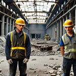 **

> War-torn Ukrainian factory. Debris and damage, but signs of rebuilding. Construction workers (some wearing hardhats) beginning repairs. A sense of resilience and determination. Focus on the contrast between destruction and hope.

**