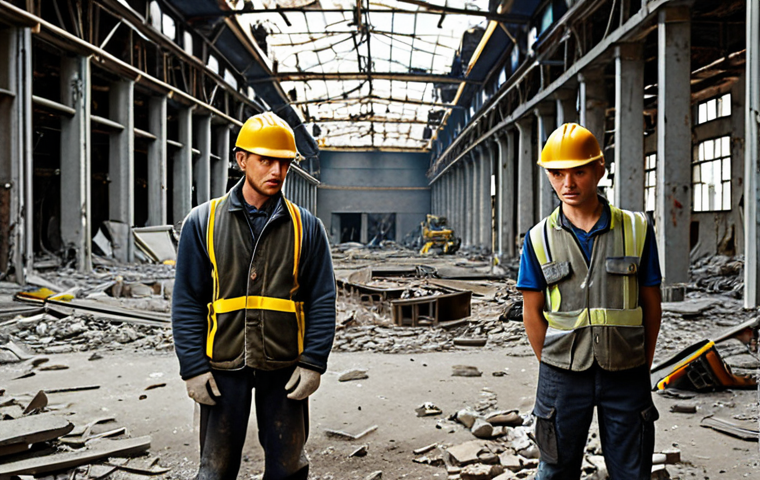 **
> War-torn Ukrainian factory. Debris and damage, but signs of rebuilding. Construction workers (some wearing hardhats) beginning repairs. A sense of resilience and determination. Focus on the contrast between destruction and hope.
**