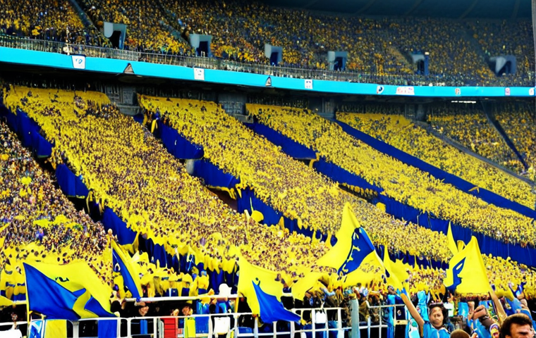 **Image:** A vibrant, slightly grainy photo of a football stadium in Ukraine, packed with passionate fans. The stands are a sea of yellow and blue (Ukrainian flag colors), with some fans holding up scarves and banners. Focus on the faces of the supporters - a mix of ages and emotions, from intense concentration to joyous shouting. Capture the energy and excitement of the crowd.