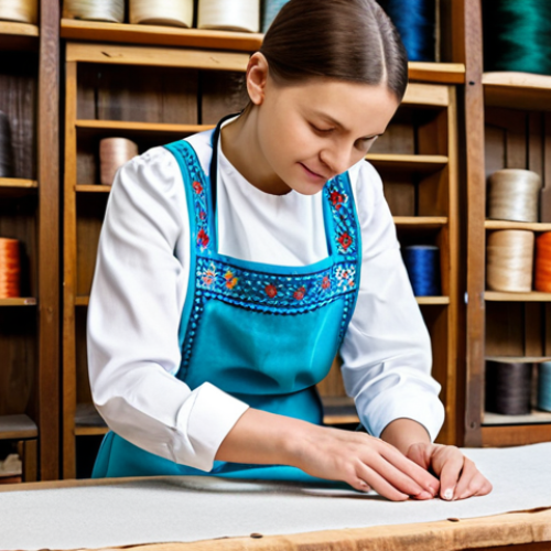 A skilled female artisan, mid-30s, working diligently on a traditional Ukrainian Vyshyvanka, a beautifully embroidered garment, at a sturdy wooden workbench. She wears a modest, plain blouse and a professional apron. Her well-formed hands are gracefully positioned, focusing on intricate stitching. The bright, clean workshop features neatly arranged spools of colorful thread and traditional ceramic pieces on shelves in the background. Perfect anatomy, correct proportions, natural pose, proper finger count, natural body proportions. Safe for work, appropriate content, fully clothed, professional dress, modest clothing, family-friendly. High-quality studio photography, sharp focus, vibrant colors, detailed textures.