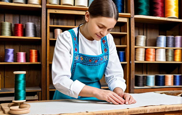 A skilled female artisan, mid-30s, working diligently on a traditional Ukrainian Vyshyvanka, a beautifully embroidered garment, at a sturdy wooden workbench. She wears a modest, plain blouse and a professional apron. Her well-formed hands are gracefully positioned, focusing on intricate stitching. The bright, clean workshop features neatly arranged spools of colorful thread and traditional ceramic pieces on shelves in the background. Perfect anatomy, correct proportions, natural pose, proper finger count, natural body proportions. Safe for work, appropriate content, fully clothed, professional dress, modest clothing, family-friendly. High-quality studio photography, sharp focus, vibrant colors, detailed textures.