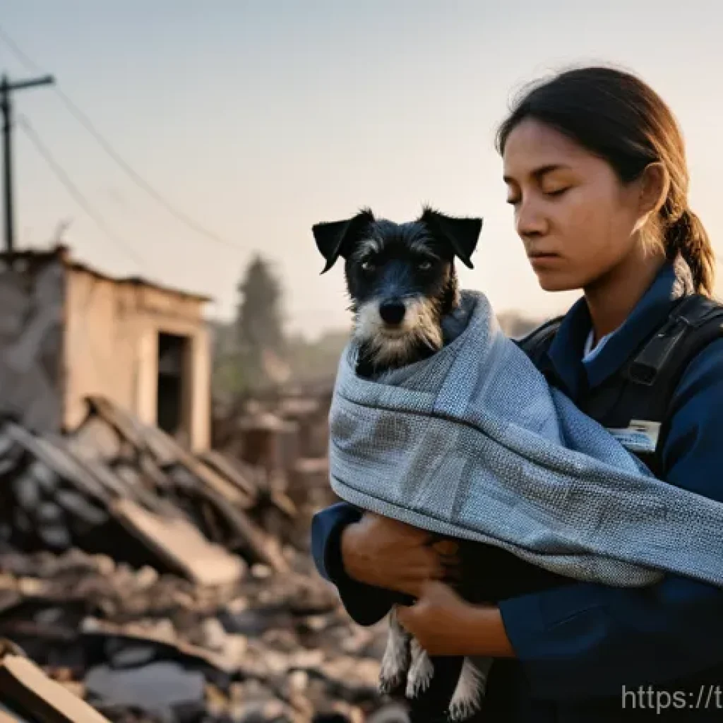 우크라이나 동물 보호 활동 - **Prompt:** "A compassionate animal rescue volunteer, dressed in a sturdy, protective uniform, gentl...