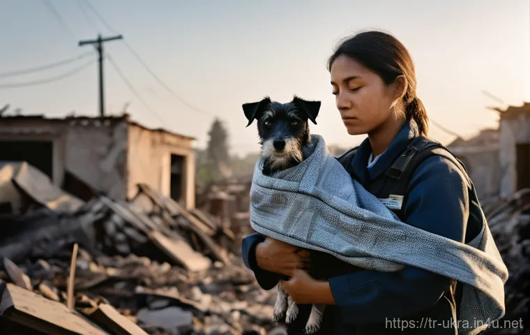 우크라이나 동물 보호 활동 - **Prompt:** "A compassionate animal rescue volunteer, dressed in a sturdy, protective uniform, gentl...