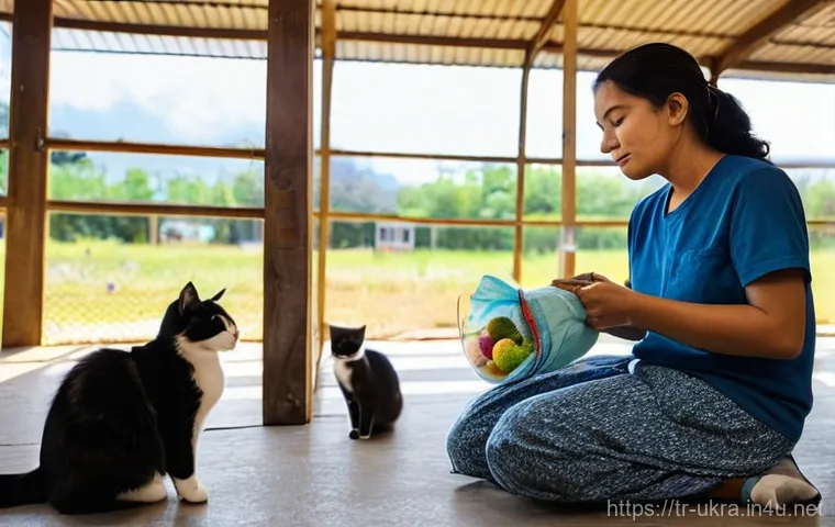 우크라이나 동물 보호 활동 - **Prompt:** "A compassionate animal rescue volunteer, dressed in a sturdy, protective uniform, gentl... 우크라이나 동물 보호 활동 - **Prompt:** "A compassionate animal rescue volunteer, dressed in a sturdy, protective uniform, gentl...